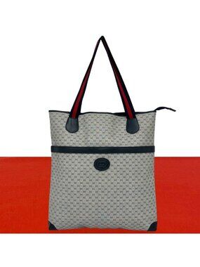 Gucci Vintage Sherry Line Micro GG Logo Leather Tote Shoulder Bag Navy